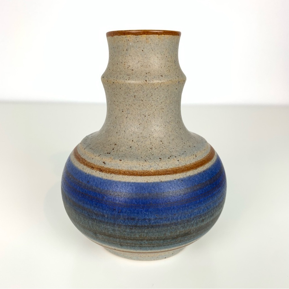 Strehla Vase Blue Gray Round Bottom Germany German Pottery Vtg MCM Stamped